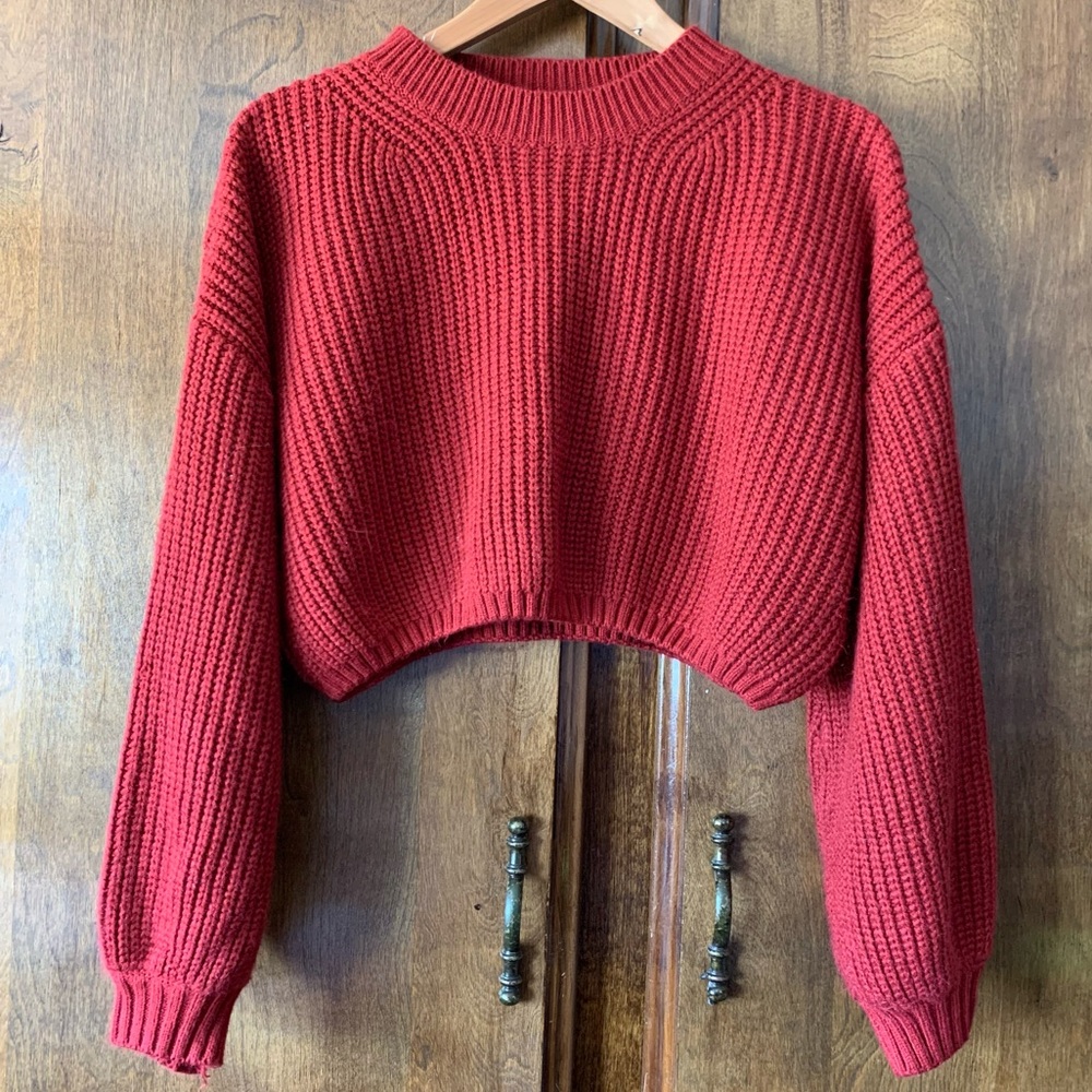 Red Cropped Rib-Knit Sweater